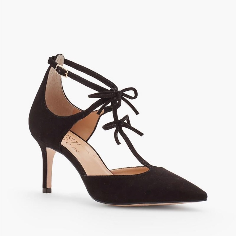 Rsvp by Talbots black suede strappy bow heels gold buckle minimal wear size 6.5